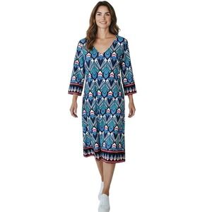 TRACY NEGOSHIAN Shift Dress Sz L Blue Stretch Peacock Travel Stretch Office Work